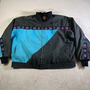Vintage David James Jacket Mens 2XL Black Blue Aztec Western Bomber USA 80s